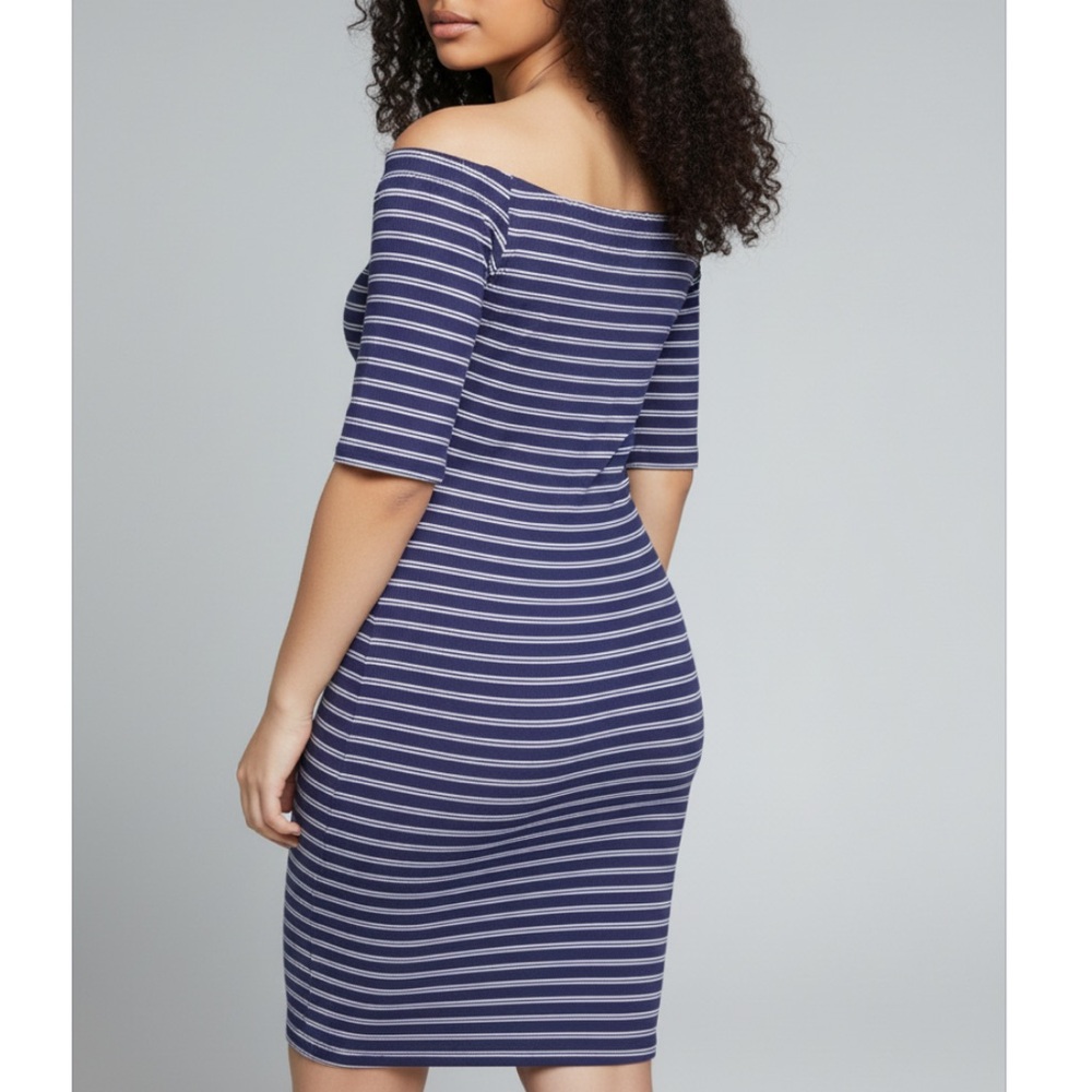 Nautical Navy & White Striped Off-Shoulder Dress•1X-3X